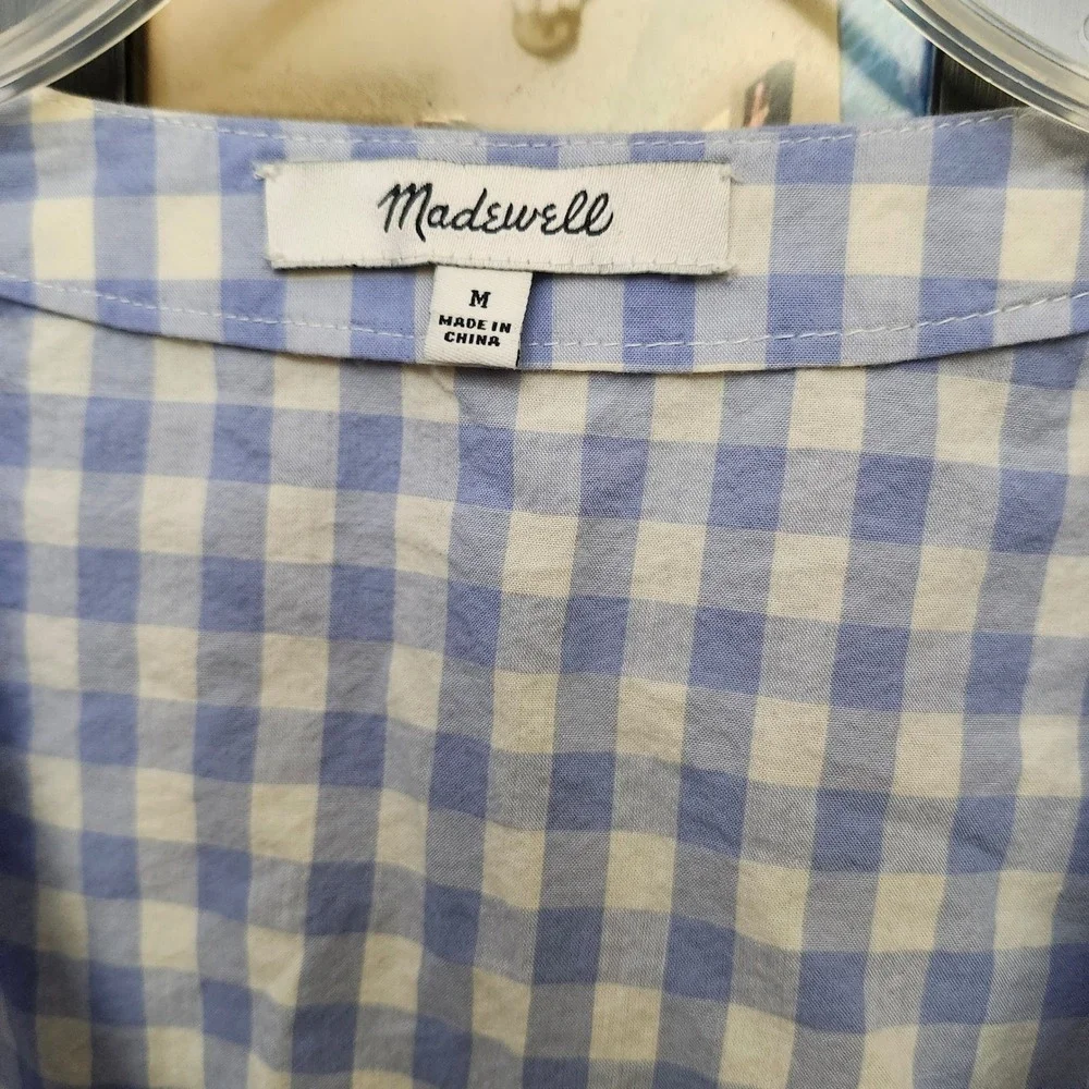 Madewell Blue White Gingham Cotton Wrap Peplum Puff Sleeve Top Sz M Romantic